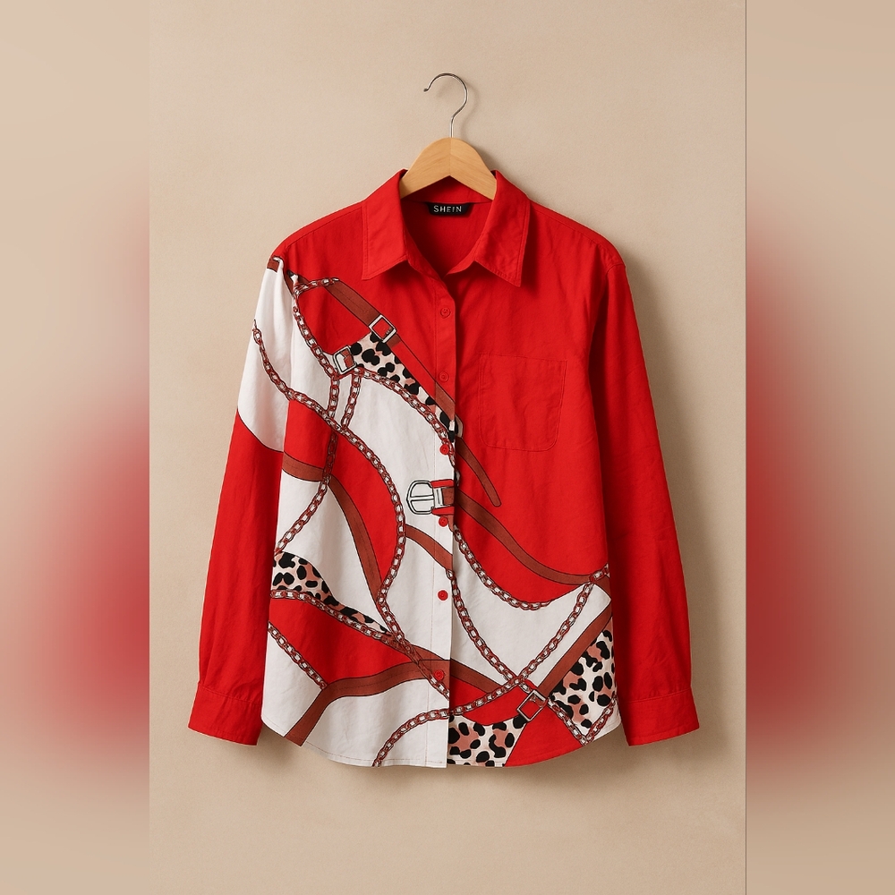 Red and White Women's Patterned Top